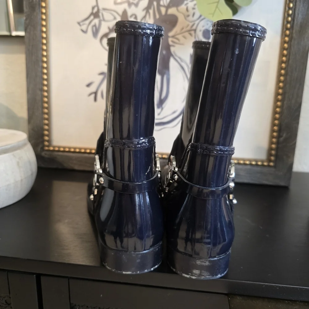MICHAEL KORS FULTON ICONIC LOGO HARNESS NAVY BLUE SHORT RAIN BOOTS